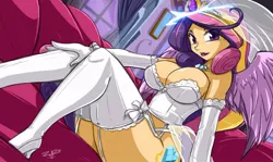 Size: 1280x765 | Tagged: artist:shonuff44, bedroom eyes, bracelet, breasts, bridal lingerie, busty princess cadance, cleavage, clothes, derpibooru import, dress, evening gloves, female, garters, gloves, halo, high heels, human, humanized, legs, lingerie, lipstick, looking at you, milf, necklace, panties, pose, princess cadance, sexy, sitting, smiling, solo, solo female, spread wings, stockings, suggestive, tailed humanization, thong, underwear, wedding dress, white underwear, winged humanization