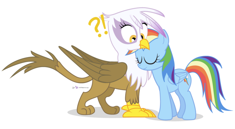 Size: 1000x550 | Tagged: safe, artist:dm29, derpibooru import, gilda, rainbow dash, gryphon, confusion, cute, female, gildash, interspecies, lesbian, nuzzling, shipping, simple background, transparent background