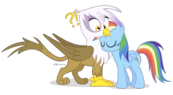 Size: 1000x550 | Tagged: safe, artist:dm29, derpibooru import, gilda, rainbow dash, gryphon, confusion, cute, female, gildash, interspecies, lesbian, nuzzling, shipping, simple background, transparent background