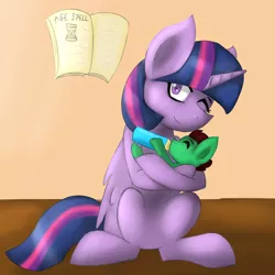 Size: 2000x2000 | Tagged: safe, artist:blairchan231, derpibooru import, twilight sparkle, twilight sparkle (alicorn), oc, oc:northern haste, alicorn, pony, age regression, baby bottle, book, bottle feeding, commission, female, foal, mare