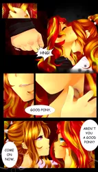 Size: 1099x1920 | Tagged: safe, artist:silvertrash, derpibooru import, adagio dazzle, sunset shimmer, equestria girls, a-domme-gio, biting, comic, female, femdom, femsub, hickey, i wanna be your pony, image, lesbian, png, shipping, submissive, subset, sunsagio