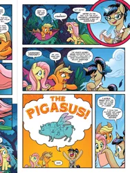 Size: 810x1080 | Tagged: applejack, applejack is not amused, artist:tonyfleecs, camera, derpibooru import, fluttershy, flying pig, hammock, idw, nosey news, pig, pigasus, preview, quill (character), safe, splendor woods, spoiler:comic, spoiler:comicff23, spread wings, wat