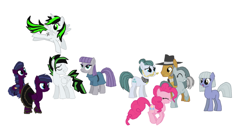 Size: 2220x1216 | Tagged: safe, artist:carriethecollie, derpibooru import, cloudy quartz, igneous rock pie, limestone pie, marble pie, maud pie, pinkie pie, oc, oc:dead memories, oc:death poison, oc:mystic disease, oc:posion pie, alicorn, earth pony, pegasus, pony, alicorn oc, blank flank, female, male, mare, simple background, stallion, white background