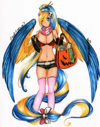 Size: 2450x3087 | Tagged: artist:divinekitten, belly button, breasts, cleavage, derpibooru import, female, human, humanized, humanized oc, midriff, oc, oc:chloe, solo, solo female, suggestive, tailed humanization, traditional art, unofficial characters only, winged humanization, yoko littner