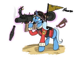 Size: 1125x900 | Tagged: safe, artist:messenger, derpibooru import, trixie, pony, unicorn, battle stance, female, looking at you, mare, simple background, soldier, solo, team fortress 2, weapon