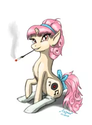 Size: 1392x1890 | Tagged: safe, artist:kh0nan, derpibooru import, oc, oc:sock hop, unofficial characters only, pony, unicorn, broken horn, cigarette, cigarette holder, clothes, simple background, smoking, socks, solo, traditional art