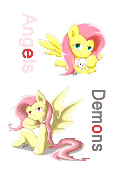 Size: 2362x3446 | Tagged: safe, artist:discorded, derpibooru import, angel bunny, fluttershy, bat pony, pony, flutterbat