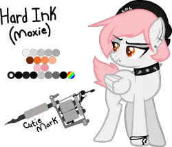 Size: 921x787 | Tagged: safe, artist:br0kenp0nies, derpibooru import, oc, oc:hard ink, unofficial characters only, beanie, beauty mark, choker, cutie mark, ear piercing, earring, freckles, hat, lidded eyes, lip piercing, piercing, reference sheet, simple background, smiling, spiked choker, tattoo, tattoo artist, transparent background, vector