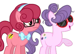 Size: 947x679 | Tagged: safe, artist:magicalgirlfriends, derpibooru import, suri polomare, oc, oc:red velvet, alternate hairstyle, bowtie, glasses, messy mane, mother and daughter, offspring, older, parent:suri polomare, sunglasses