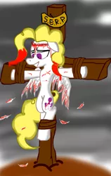 Size: 1267x2000 | Tagged: artist:tixolseyerk, blood, crucifixion, derpibooru import, execution, g1, g1 to g4, generation leap, grimdark, religion, surprise