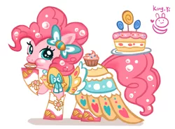 Size: 1024x756 | Tagged: artist:kongyi, cake, candy, clothes, cupcake, derpibooru import, dress, eating, food, lollipop, looking at you, macaron, pinkie pie, plate, safe, simple background, solo, white background