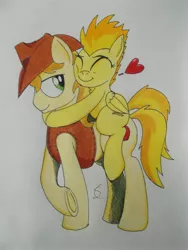 Size: 3216x4288 | Tagged: artist:scribblepwn3, braeburn, crack shipping, derpibooru import, female, male, safe, shipping, spitburn, spitfire, straight, traditional art