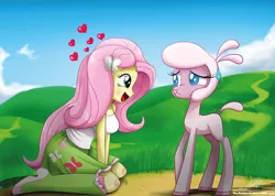 Size: 1370x976 | Tagged: safe, artist:the-butch-x, derpibooru import, fluttershy, pom lamb, sheep, them's fightin' herds, equestria girls, boots, clothes, community related, crossover, duo, female, heart, kneeling, lamb, looking at each other, open mouth, scared, signature, skirt, socks, tanktop