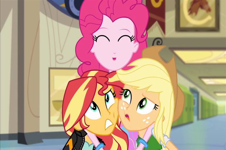 Size: 720x480 | Tagged: safe, derpibooru import, applejack, pinkie pie, sunset shimmer, equestria girls, friendship games, applejack the anti-shipper, appleshimmer, female, lesbian, now kiss, shipper on deck, shipping