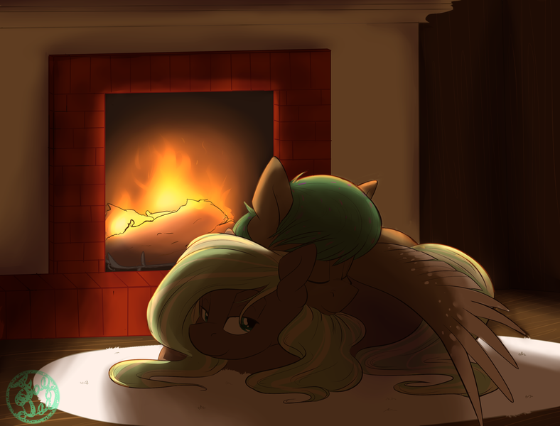 Size: 3000x2283 | Tagged: artist:farewelldecency, cuddling, derpibooru import, fire, fireplace, hug, oc, oc:sorrel swoop, oc:vale sylva, safe, sleeping, snuggling, unofficial characters only, valeswoop, winghug