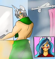 Size: 1008x1080 | Tagged: alicorn humanization, artist:burningsnowflakeproductions, bathroom, blue eyes, blushing, derpibooru import, eared humanization, emerald green eyes, horned humanization, human, humanized, humanized oc, long hair, lyover, muscles, oc, oc:lyoko hope, oc:silver spark, oc x oc, safe, shipping, short hair, shower, towel, unofficial characters only, winged humanization