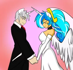 Size: 1280x1227 | Tagged: alicorn, alicorn humanization, alicorn oc, artist:burningsnowflakeproductions, blue eyes, clothes, derpibooru import, dress, eared humanization, emerald green eyes, holding hands, horned humanization, human, humanized, humanized oc, italian, long hair, lyover, marriage, oc, oc:lyoko hope, oc:silver spark, oc x oc, safe, shipping, short hair, smiling, suit, tuxedo, unofficial characters only, wedding, wedding dress, winged humanization