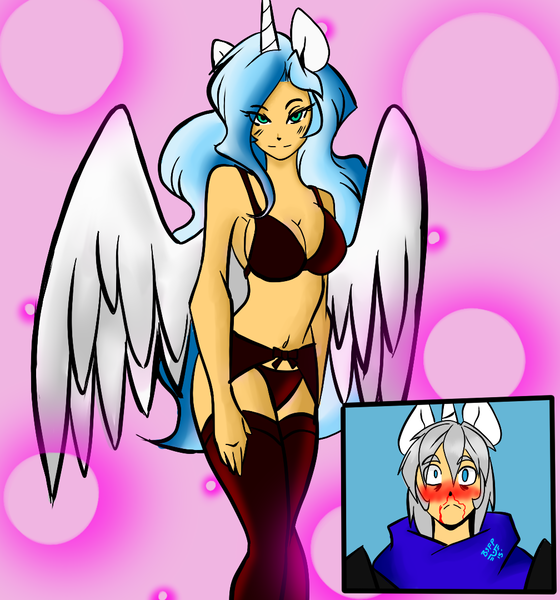 Size: 1008x1080 | Tagged: alicorn humanization, artist:burningsnowflakeproductions, blood, blushing, blushing profusely, breasts, cleavage, clothes, derpibooru import, eared humanization, female, horned humanization, human, humanized, humanized oc, italian, lingerie, long hair, looking at you, lyover, nosebleed, oc, oc:lyoko hope, oc:silver spark, oc x oc, panties, questionable, sexy, shipping, short hair, stockings, underwear, unofficial characters only, walking towards you, winged humanization