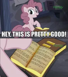 Size: 679x768 | Tagged: book, derpibooru import, discovery family logo, edit, edited screencap, female, image macro, meme, morrowind, obligatory pony, pinkie pie, screencap, suggestive, the elder scrolls, the lusty argonian maid