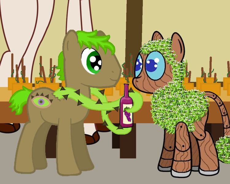 Size: 1000x800 | Tagged: alcohol, bottle, chia pets, derpibooru import, food, giraffe, goo pony, green house, greenhouse, indoors, oc, oc:bamboo, oc:timber the wood pony, original species, safe, tentacles, unofficial characters only, vine, wine, wine bottle, wood pony