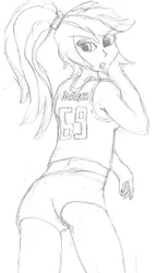 Size: 1793x3150 | Tagged: suggestive, artist:bigmacintosh2000, derpibooru import, rainbow dash, equestria girls, ass, clothes, female, looking back, monochrome, pencil drawing, ponytail, shirt, shorts, solo, solo female, traditional art