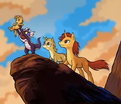 Size: 1280x1101 | Tagged: safe, artist:pedantia, derpibooru import, ponified, dragon, pony, unicorn, colt, disney, dragonified, female, foal, male, mare, mufasa, pride rock, quartet, rafiki, sarabi, simba, species swap, stallion, the lion king