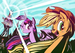 Size: 821x583 | Tagged: safe, artist:jowybean, derpibooru import, applejack, twilight sparkle, twilight sparkle (alicorn), alicorn, earth pony, pony, twijack weekly, female, grin, lens flare, lesbian, looking at you, mare, open mouth, row row fight tha powah, shipping, style emulation, tengen toppa gurren lagann, twijack, twilight's castle, wingding eyes, wink