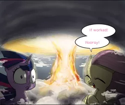 Size: 1748x1475 | Tagged: semi-grimdark, artist:doublewbrothers, derpibooru import, fluttershy, twilight sparkle, twilight sparkle (alicorn), alicorn, pony, cropped, female, mare, mushroom cloud, nuclear weapon, out of context, weapon