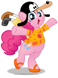 Size: 1024x1375 | Tagged: safe, artist:aleximusprime, derpibooru import, pinkie pie, earth pony, pony, aladdin, bipedal, chubby, clothes, crossover, cute, diapinkes, disney, fat, golf club, goofy, hawaiian shirt, pudgy pie, sandals, simple background, solo, transparent background