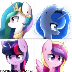 Size: 1500x1500 | Tagged: safe, artist:papibabidi, derpibooru import, princess cadance, princess celestia, princess luna, twilight sparkle, twilight sparkle (alicorn), alicorn, pony, alicorn tetrarchy, female, mare, portrait