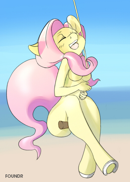 Size: 514x719 | Tagged: suggestive, artist:foundr, derpibooru import, fluttershy, anthro, beach, blushing, breasts, eyes closed, female, nudity, practitioner of naturism, solo, solo female, swing, swinging