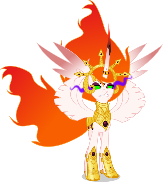 Size: 4998x5600 | Tagged: safe, artist:xebck, derpibooru import, nightmare star, princess celestia, pony, absurd resolution, alternate universe, armor, badass, dark magic, evil, female, magic, mare, simple background, solo, sombra eyes, spread wings, supernova inferno, transparent background, vector