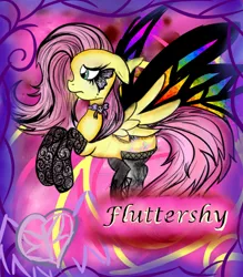 Size: 1024x1170 | Tagged: artist:animechristy, butterfly, choker, clothes, derpibooru import, fluttershy, safe, scene kid, socks, solo, stockings, tattoo