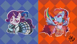 Size: 1177x674 | Tagged: artist:sennishi, clothes, costume, derpibooru import, dress, halloween, nightmare night, pixiv, prone, rainbow dash, rarity, safe