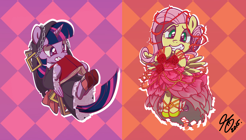 Size: 1177x674 | Tagged: safe, artist:sennishi, derpibooru import, fluttershy, twilight sparkle, twilight sparkle (alicorn), alicorn, pony, book, clothes, costume, dress, female, halloween, mare, nightmare night, pixiv, rose