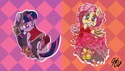 Size: 1177x674 | Tagged: safe, artist:sennishi, derpibooru import, fluttershy, twilight sparkle, twilight sparkle (alicorn), alicorn, pony, book, clothes, costume, dress, female, halloween, mare, nightmare night, pixiv, rose