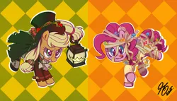 Size: 1177x674 | Tagged: safe, artist:sennishi, derpibooru import, applejack, pinkie pie, candy, clothes, costume, dress, food, halloween, lantern, nightmare night, pixiv, tongue out