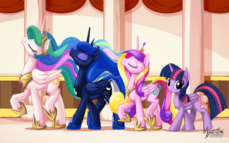 Size: 2560x1600 | Tagged: safe, artist:mysticalpha, derpibooru import, princess cadance, princess celestia, princess luna, twilight sparkle, twilight sparkle (alicorn), alicorn, pony, alicorn tetrarchy, eyes closed, female, majestic, majestic as fuck, mare, nose in the air, one of these things is not like the others, raised hoof, smiling, strutting