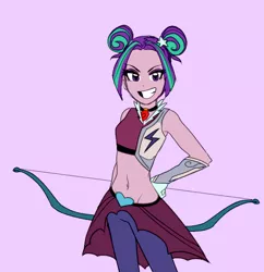 Size: 574x592 | Tagged: safe, artist:rileyav, derpibooru import, aria blaze, equestria girls, friendship games, alternate hairstyle, archery, archery clothes, belly button, bow (weapon), clothes, grin, midriff, odango, smiling, solo