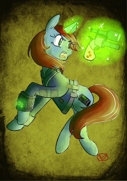 Size: 1050x1500 | Tagged: safe, artist:ryuredwings, derpibooru import, oc, oc:littlepip, unofficial characters only, pony, unicorn, fallout equestria, fanfic, clothes, fanfic art, female, glowing horn, gun, handgun, little macintosh, magic, mare, pipbuck, revolver, simple background, solo, telekinesis, vault suit, weapon