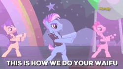 Size: 480x270 | Tagged: suggestive, derpibooru import, edit, edited screencap, screencap, disco fever, limelight, turbo bass, pony, the mane attraction, animated, background dancers, background pony, caption, discovery family logo, image macro, invisible mare, meme