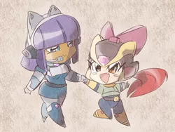 Size: 1600x1200 | Tagged: safe, artist:thegreatrouge, derpibooru import, apple bloom, maud pie, equestria girls, armor, capcom, chibi, clothes, crossover, duo, holding hands, humanized, megaman, megaman x, megaman zero, mini, open mouth, walking