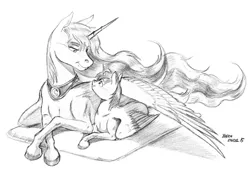 Size: 973x678 | Tagged: safe, artist:baron engel, derpibooru import, princess luna, oc, oc:destined path, alicorn, pony, fanfic:the growing years, alicorn oc, commission, monochrome, pencil drawing, traditional art