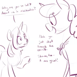 Size: 700x700 | Tagged: 4chan, artist:goat train, derpibooru import, dialogue, monochrome, oc, oc:gloomy, oc:marker pony, safe, size difference, sketch, unofficial characters only