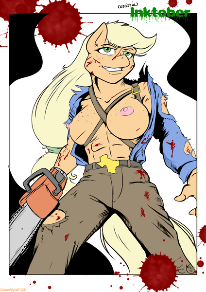 Size: 883x1250 | Tagged: abs, anthro, applejack, artist:yawg, ash williams, belt, blood, breasts, busty applejack, chainsaw, clothes, crossover, derpibooru import, evil dead, exposed breasts, female, freckles, implied death, nipples, nudity, pants, questionable, semi-grimdark, shirt, solo, solo female, torn clothes, wardrobe malfunction