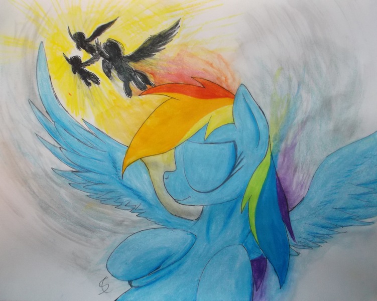 Size: 4027x3216 | Tagged: artist:scribblepwn3, daydream, derpibooru import, flying, pen drawing, rainbow dash, safe, silhouette, traditional art, watercolor painting, wonderbolts
