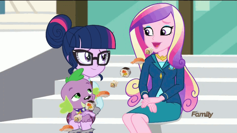 Size: 1000x562 | Tagged: safe, derpibooru import, screencap, princess cadance, sci-twi, spike, spike the regular dog, twilight sparkle, dog, equestria girls, friendship games, animated, context is for the weak, dean cadance, discovery family logo, food, maybe salmon, sushi, wat