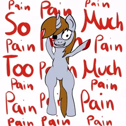 Size: 708x708 | Tagged: grimdark, derpibooru import, oc, oc:littlepip, unofficial characters only, pony, unicorn, fallout equestria, fanfic, blood, fanfic art, female, gore, hooves, horn, mare, pain, smiling, solo, teeth