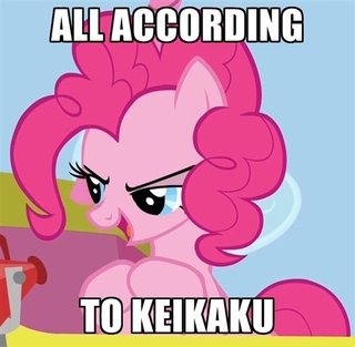 Size: 320x313 | Tagged: all according to keikaku, balloon, derpibooru import, hoof rubbing, image macro, keikaku means plan, megaphone, meme, pinkie pie, safe, solo