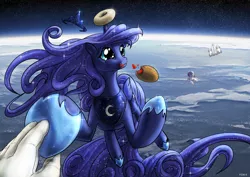 Size: 1600x1131 | Tagged: safe, artist:foxi-5, derpibooru import, princess luna, twilight sparkle, alicorn, human, pony, unicorn, :3, :t, astronaut, batman can breathe in space, bread, candy, cute, dilated pupils, donut, eating, female, food, hand, holding hands, holding hooves, human on pony hoof holding, image, jpeg, licking, licking lips, luna and the nauts, lunabetes, mare, messy eating, orbit, planet, smiling, space, spaceship, spacesuit, sparkles, sweets, tiara, tongue out
